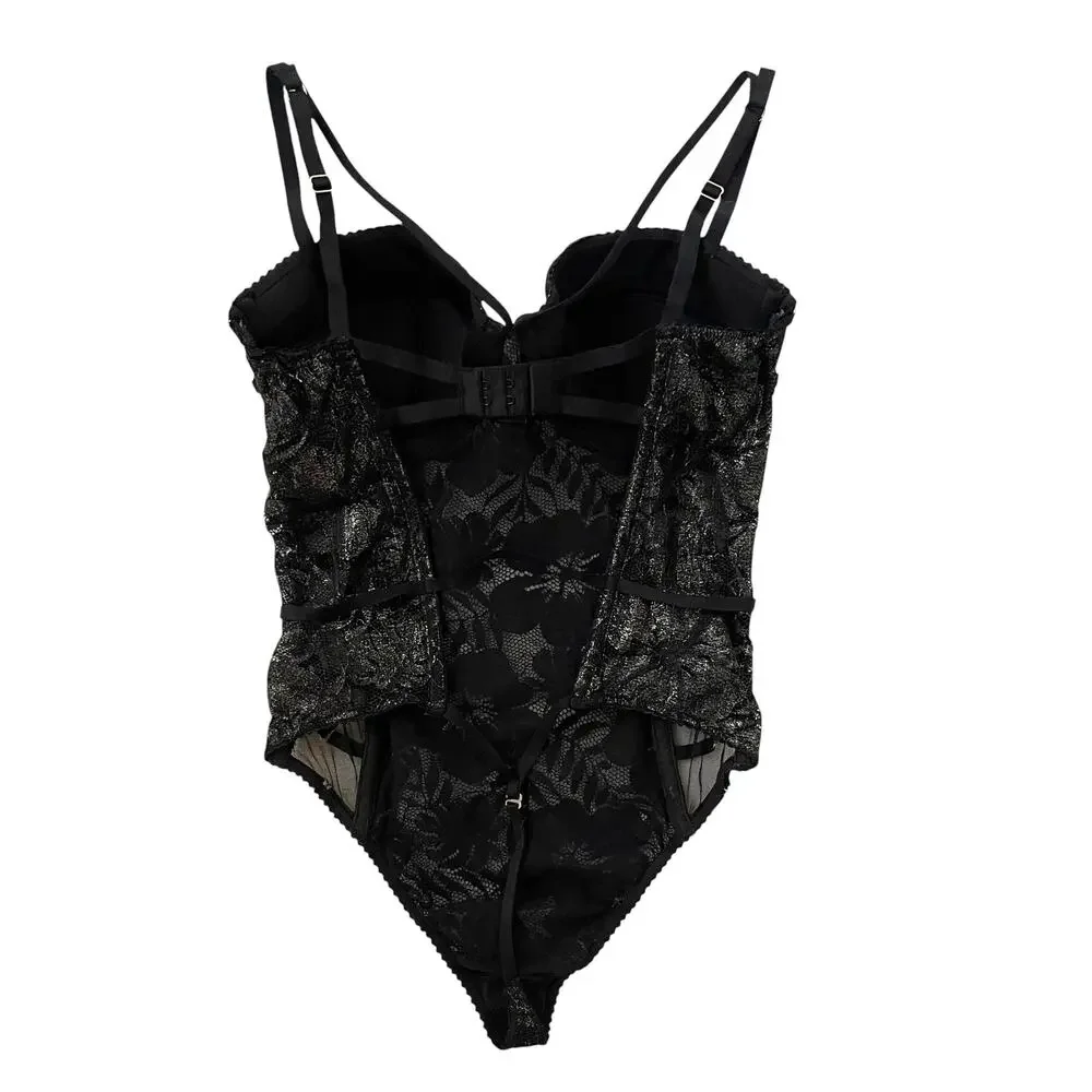 Victoria's Secret Black Metallic Floral Cut Out Teddy - Black - Size 34C